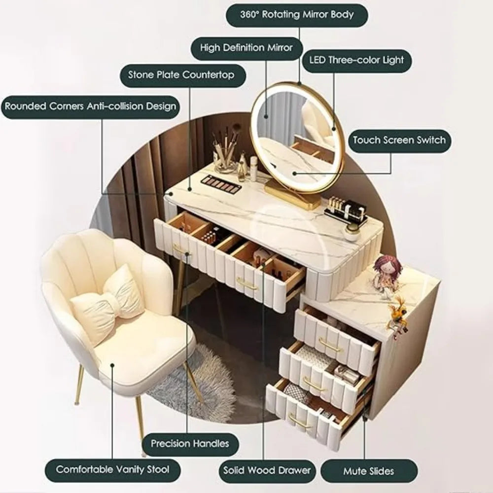 Vanity Desk, with 5 Storage Drawers, Stool and Organizers, Dressing Table with 3 Color Lighting Options, Vanity Desk Set