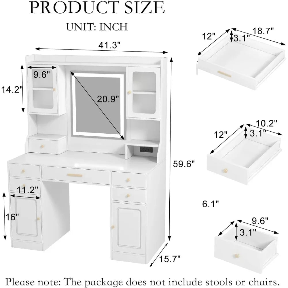 Vanity Desk with Mirror and Lights,with Power Outlet,Makeup Table with Drawers and Cabinet,3 Lighting Modes Adjustable