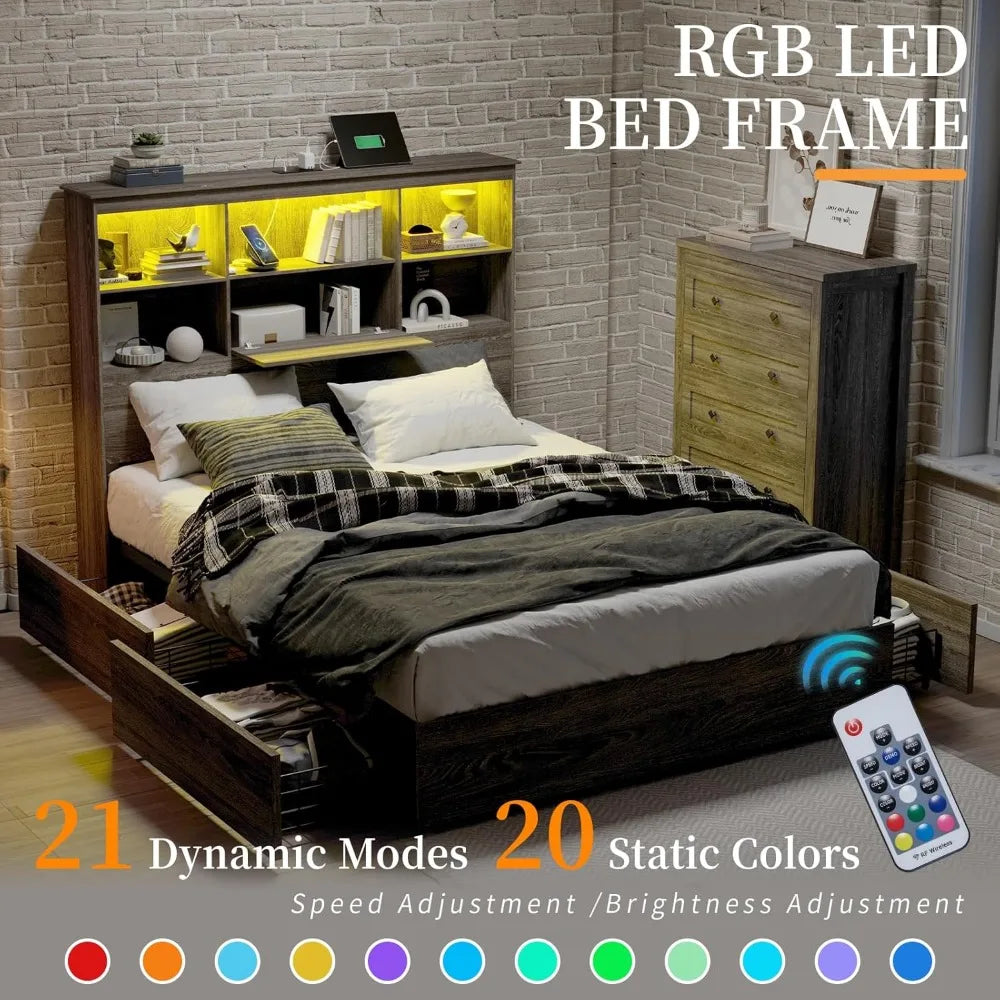 Bed Frame with LED Bookcase Headboard, Wooden Storage Bed with Charging Station & 4 Drawers, No Box Spring Needed/Noise-Free