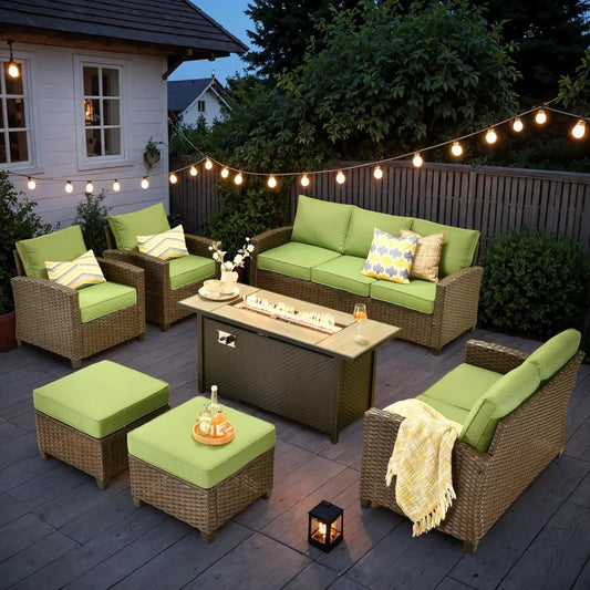 Wicker Patio Furniture Sets ,w/Fire Pit Table, All Weather Outdoor Furniture Conversation Set, 7-Piece Patio Sectional Sofa