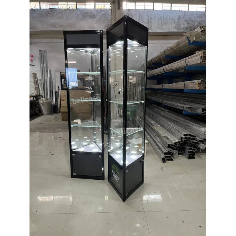 Custom, cheap boutique jewelry watch shop furniture glass cabinet with LED lights smoke shop aluminum frame glass corner showcas