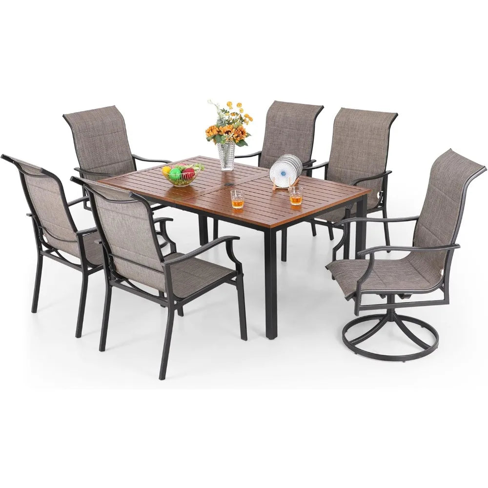 7 Piece Patio Dining Set,6 Padded High Back Patio Dinings Chairs & Brown Metal Slat Table Top,Outdoor Dining Set for Garden Yard