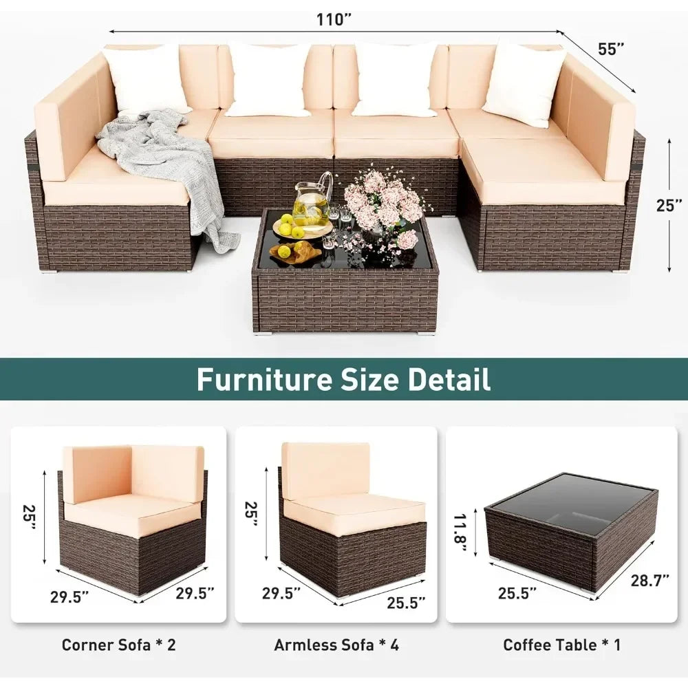 Wicker Patio Sectional Sofa, Rattan Conversation Set with Coffee Table and Washable Cushions, Outdoor Furniture Sets