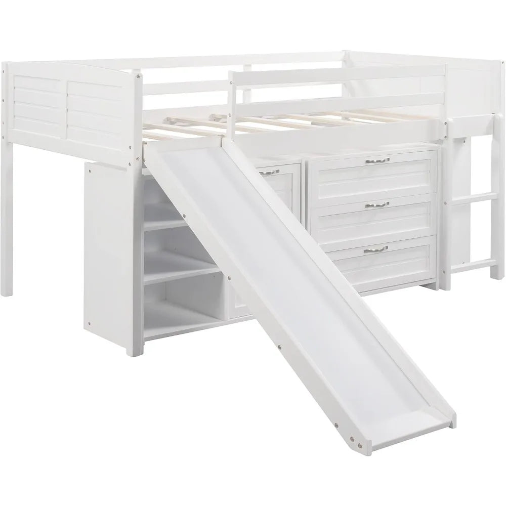 Loft Bed with 5 Drawers,5 Shelves, Slide and Ladder, Twin Size Loft Bed for Family, Teens, No Box Spring Needed,WoodBed Frame