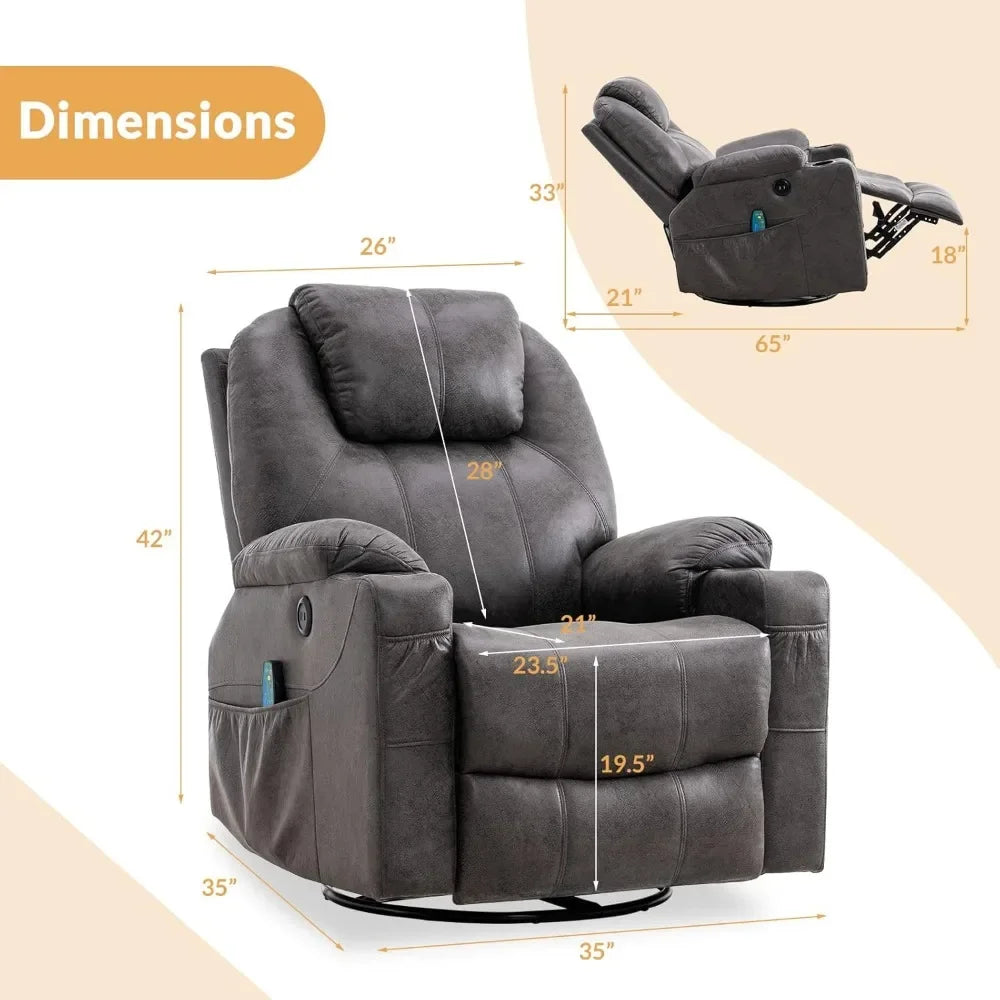 Swivel Rocker Recliner Chair Ergonomic Lounge Reclining Chair with 4 Pockets Cup Holders Remote Control，Gray，Living Room Chairs