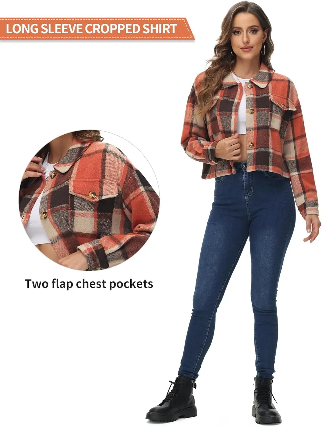 URBEST Women's Oversized Plaid Shacket - Cozy Long Sleeve Button Down Jacket with Pockets, Knee Length/Plus