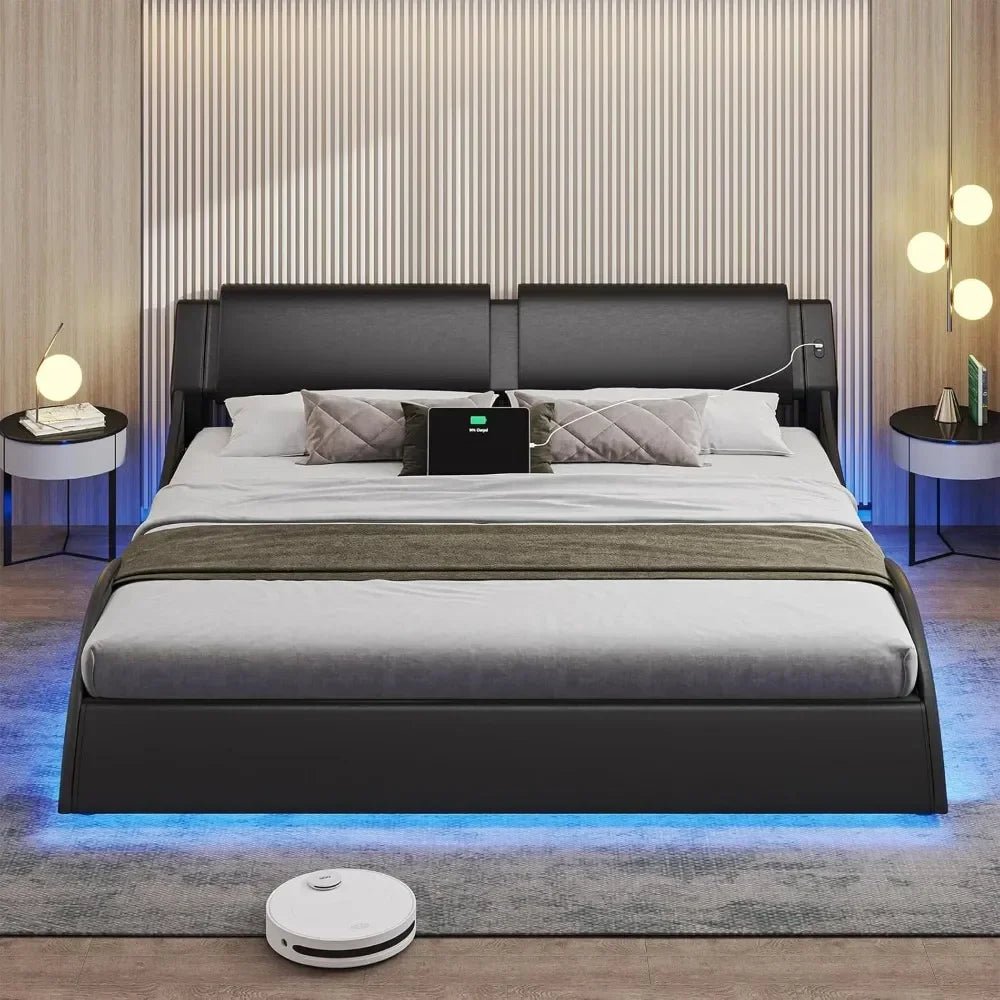 California King Bed Frame with Headboard and Led Lights， USB & Type-c Ports Faux Leather Bed,No Box Spring Needed Black