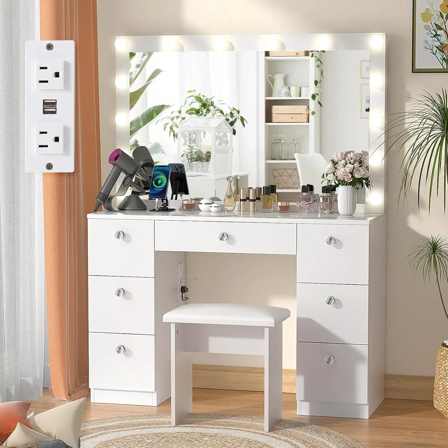 Vanity with Lighted Mirror,3 Color Lighting Modes Adjustable Brightness Makeup Vanity Desk with Power Outlet and LED Bulbs