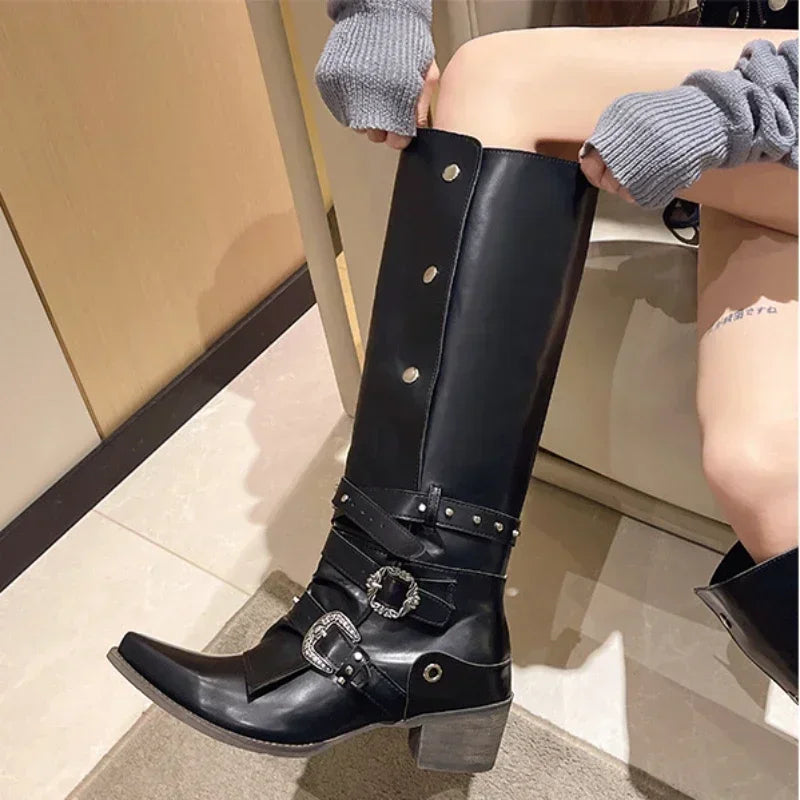 Women Metal Doctor Thick Heeled Black Boots  Autumn Pointed Toe Pu Leather Mid Calf Boots Woman Motorcycle Boots Big Size 43