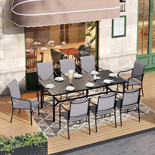 Patio Dining Set, 83" Rectangle Table with 8 Cushioned Armrest Chairs, for Backyard Garden Lawn,8 Person Patio Table and Chairs