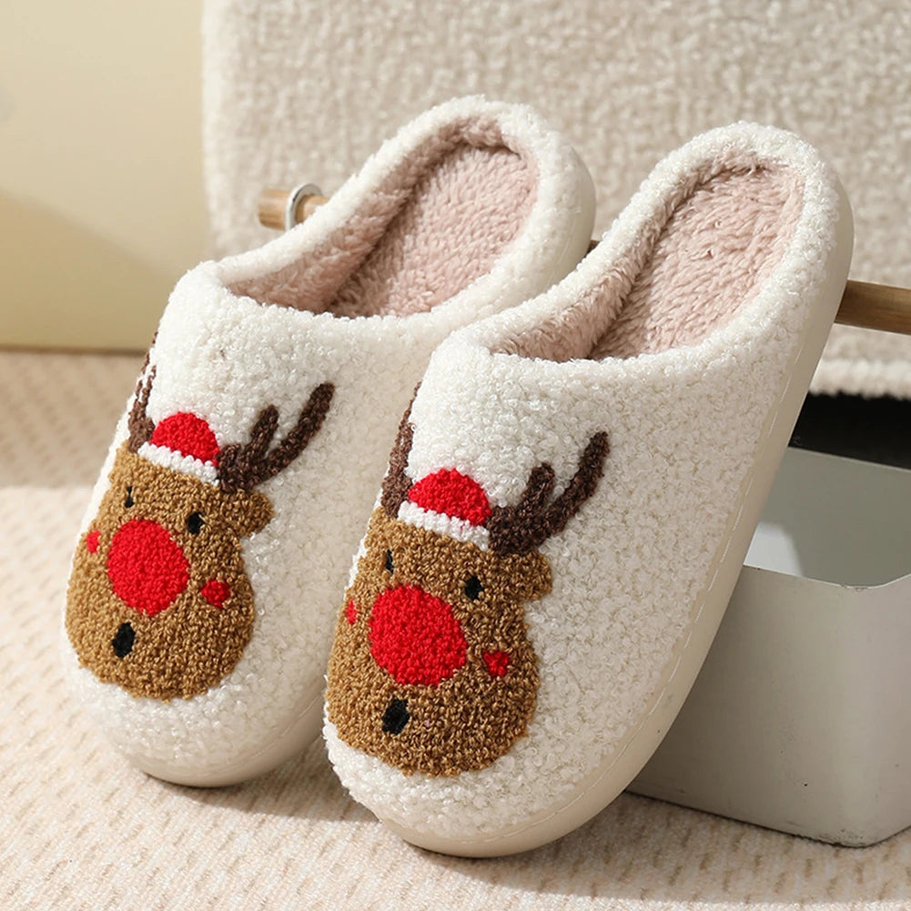 Christmas Deer Slippers Slip-On Comfy House Slippers Women Men Bedroom Slipper Women Fuzzy Fluffy Slippers for Christmas Gift