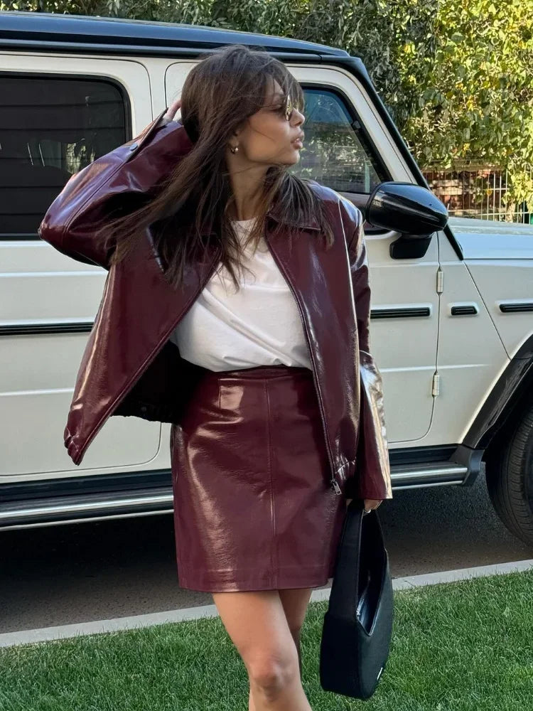 Chic Women Wine Red Leather Jacket Mini Skirt Suits Elegant Lapel Zipper Outwears Hip Wrapped Skirts 2 Piece Set Lady Outfits