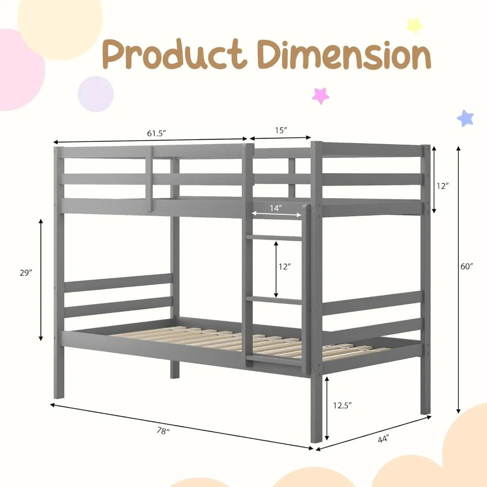 Wood Bunk Bed Twin Over Twin, with Ladder & Safety Guardrail, Solid Wood Bed Frame, No Box Spring Needed, Kids Bunk Bed