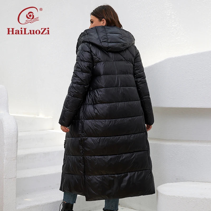 HaiLuoZi 2022 New Winter Women's Jackets Plus Size Mid-length Thick Hood Warm Zipper Belt Classic Casual Women Coat Parkas 6037