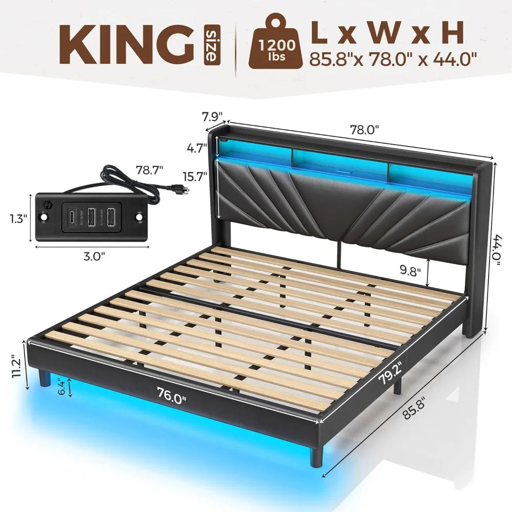 King Size Bed Frame, Storage Headboard with Charging Station and LED Lights, Upholstered Bed with Heavy Duty Wood Slats