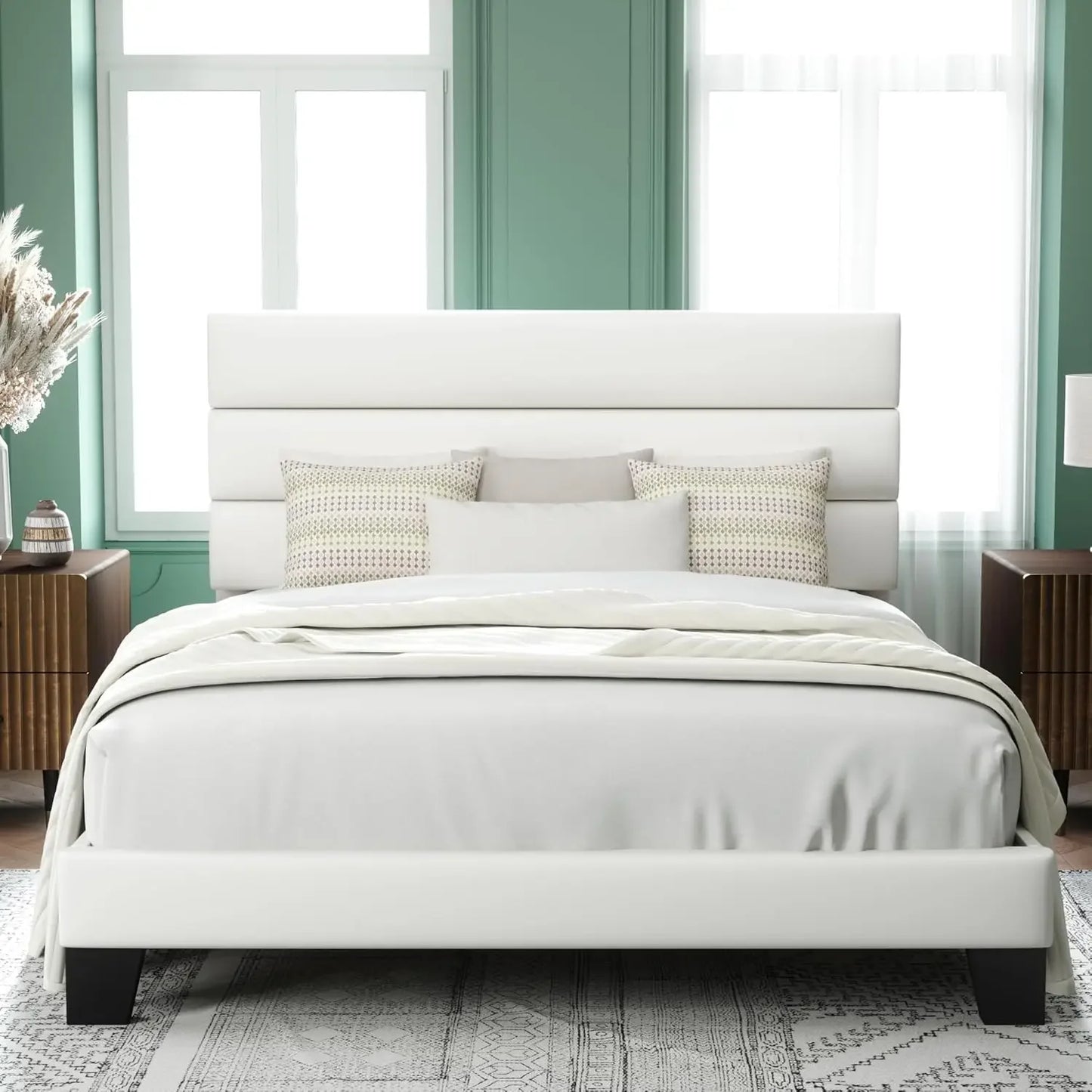 Queen Size Platform Bed Frame with Velvet Upholstered Headboard and Wooden Slats Support, Fully Upholstered Mattress