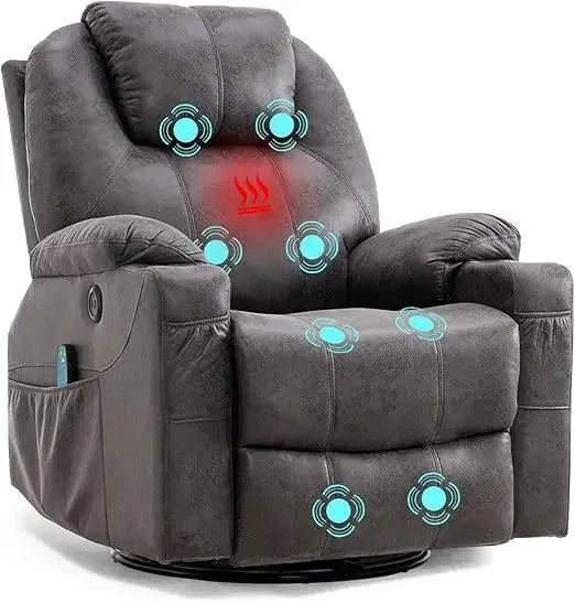 Swivel Rocker Recliner Chair Ergonomic Lounge Reclining Chair with 4 Pockets Cup Holders Remote Control，Gray，Living Room Chairs