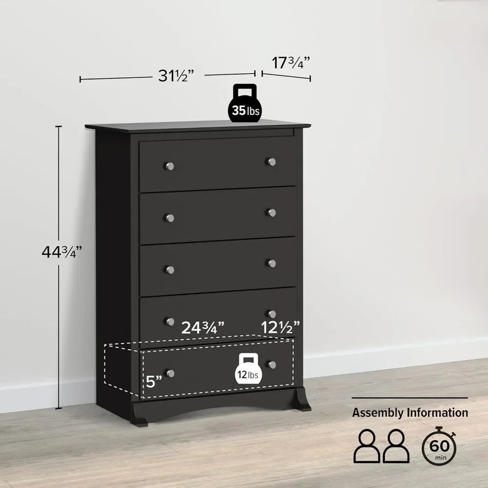 Superior 5-Drawer Chest for Bedroom - Spacious and Stylish Chest of Drawers, Measuring 17.75"D x 31.5"W x 44.75"H, In Black