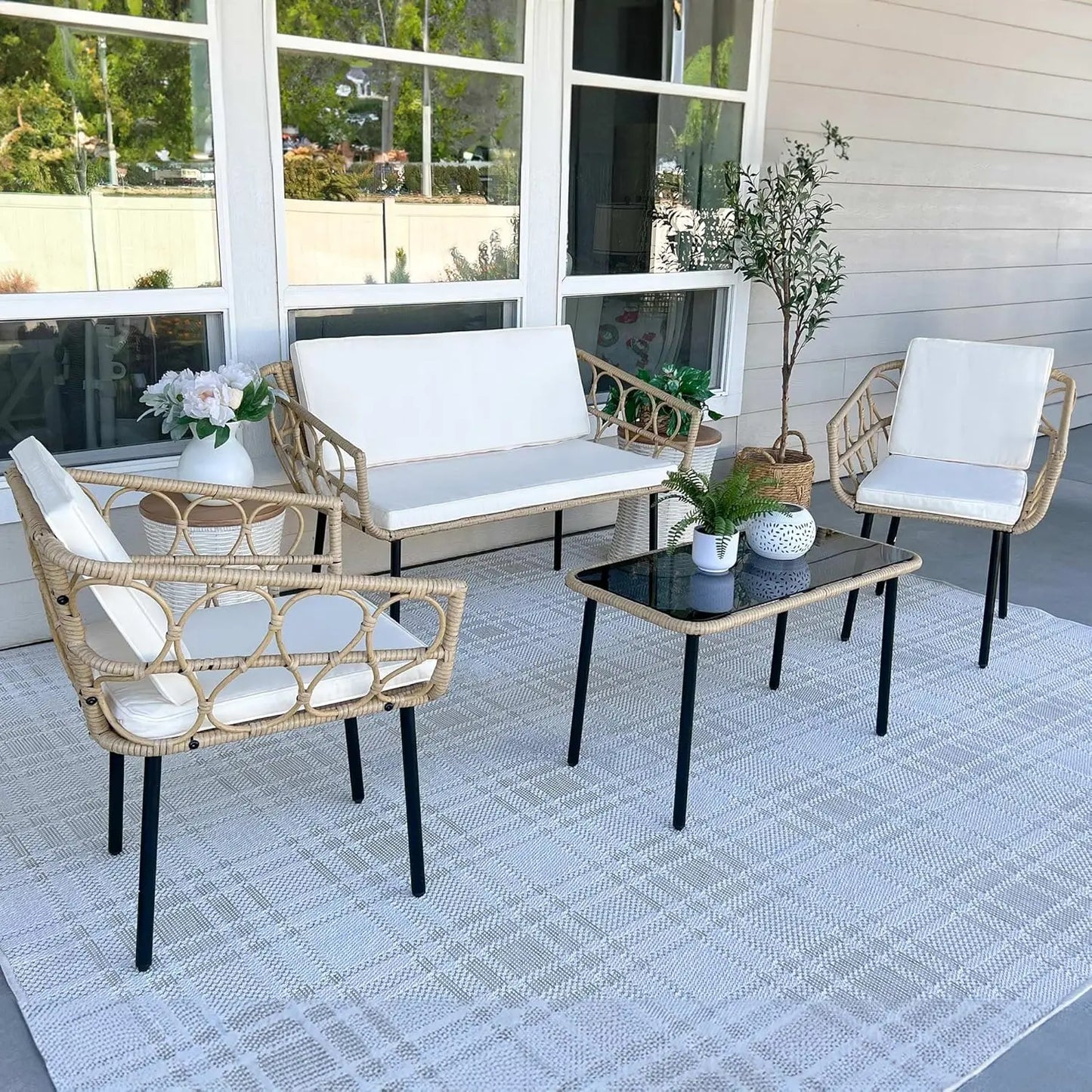 4 Pieces Patio Furniture Set, Wicker Outdoor Bistro Set, All-Weather Rattan Conversation Set with Loveseat Chairs Table