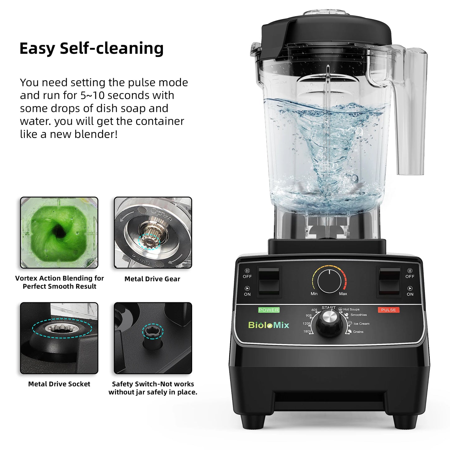 BioloMix 2200W Professional Smart Timer Pre-programed Blender, 2L round jar, Mixer Juicer Food Processor Ice Smoothies Crusher