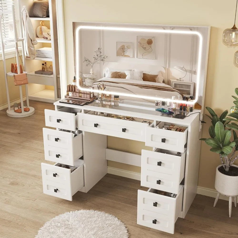 Vanity Desk with Large Led Mirror and Power Outlet, Makeup Vanity with Glass Top & 7 Drawers, 3 Lighting Modes Vanity Table