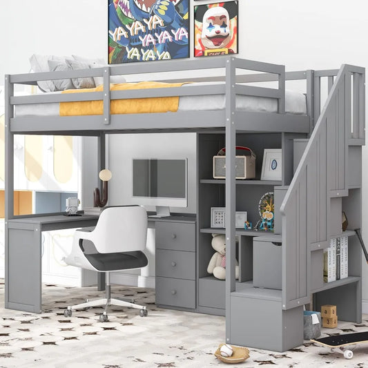 Loft Bed ,with Storage Shelves and Drawers, Twin Lofts Bunk Bed Frame for Kids Boys Girls Teens, Wooden Loft Beds