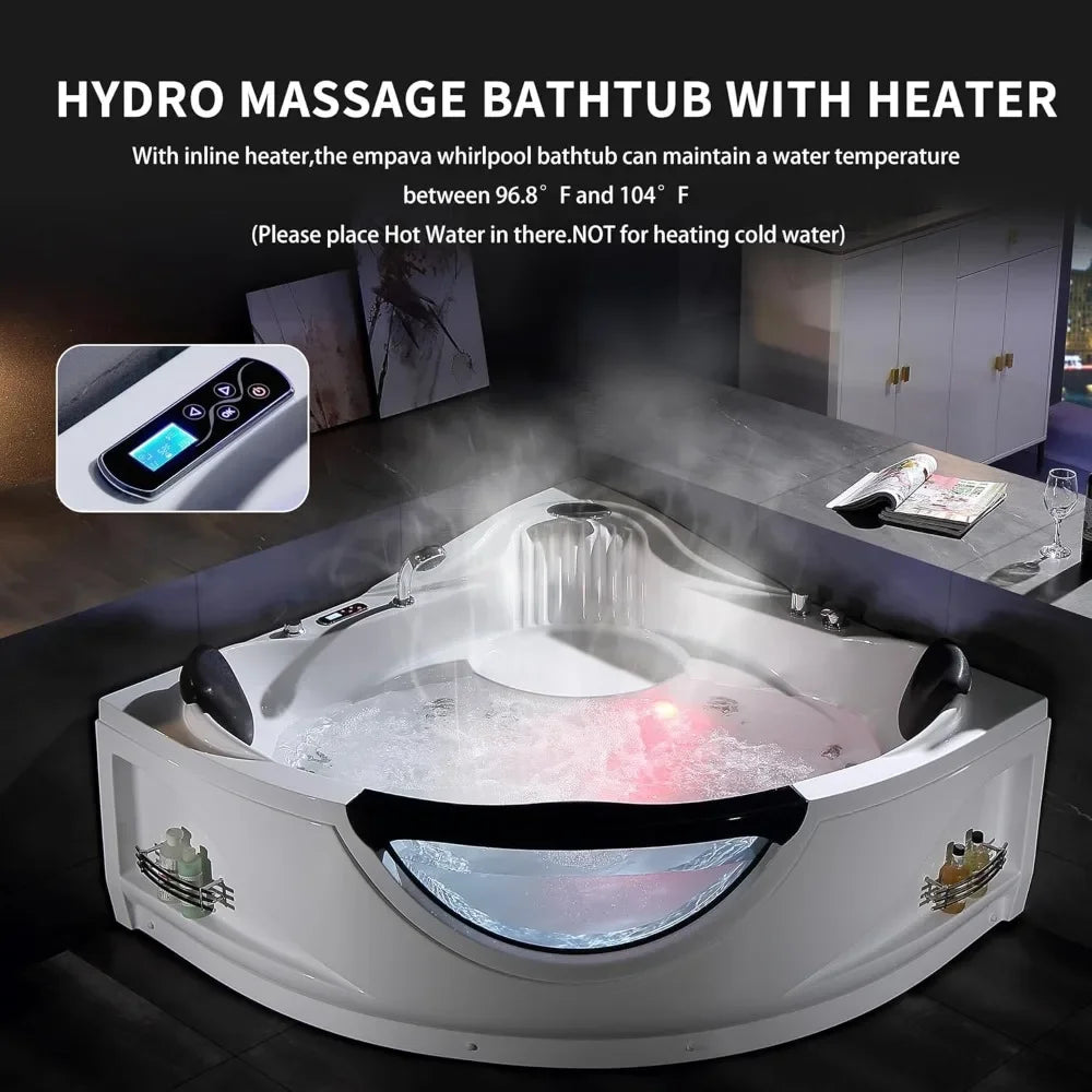 Whirlpool Bathtub with Heater,59 in 2 Person Jetted Tub with Light,Spa Hydromassage with Chromatherapy,Acrylic