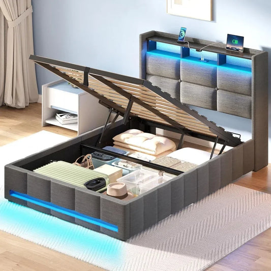 Bed Frame Twin Size with Lift Up Storage, Charging Station & LED Lights, Upholstered Storage Headboard, Heavy Duty Wooden Slats