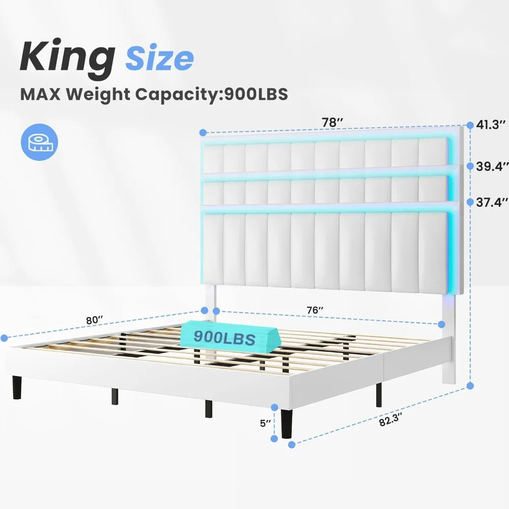 Bed Frame with Led Lights and Charging Station Platform Bed Frame with Adjustable Headboard Faux Leather Profile Platform Bed
