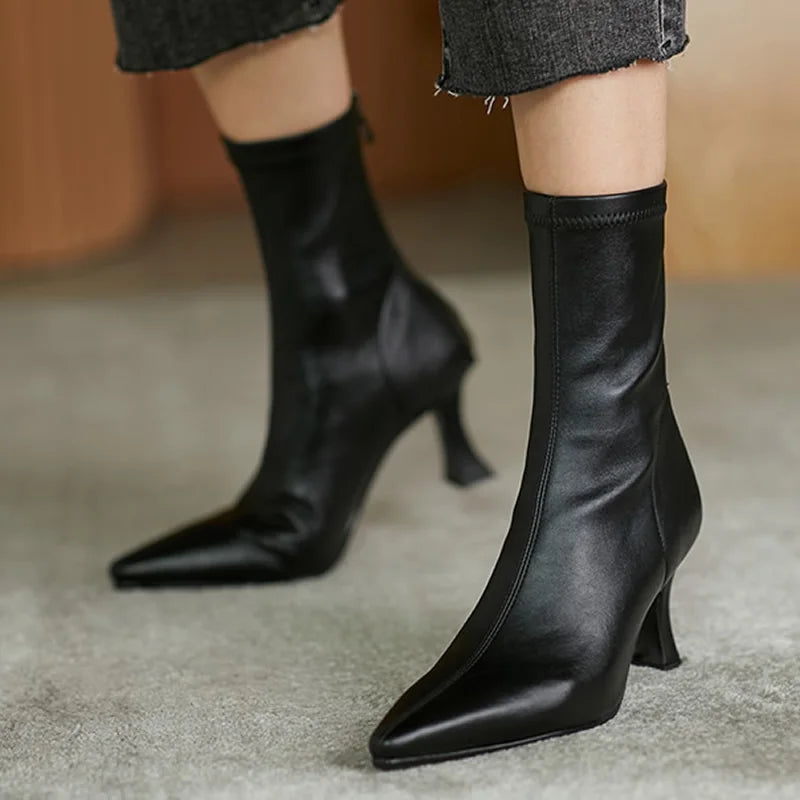 Women Pointy Brown Soft Leather Brown Elastic Boots Famele Stiletto Heels Shoes Ladies Ankle Boots Back Zipper Commuter Boots