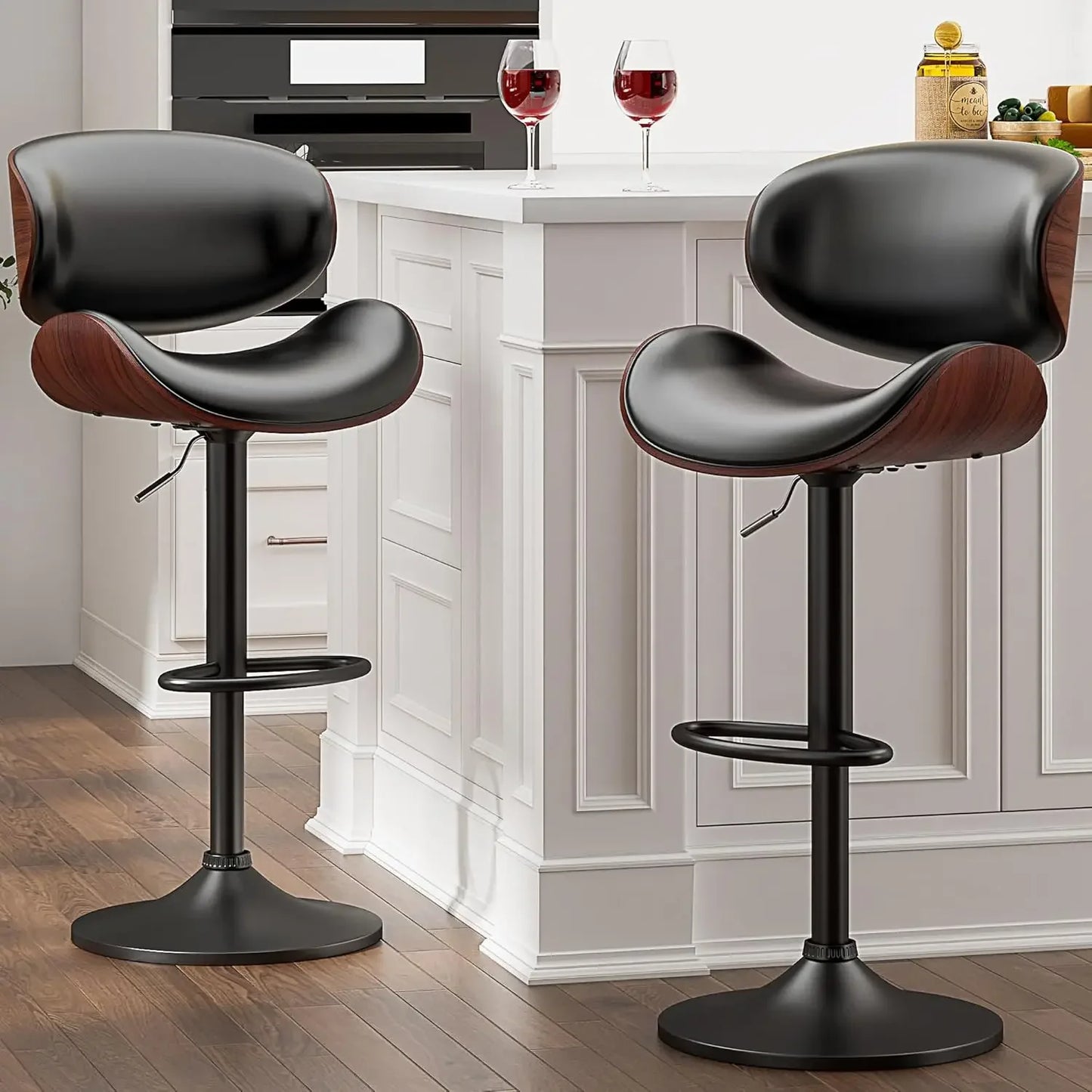 Swivel Bar Stools Set of 2, Adjustable Bentwood Barstools, Modern PU Leather Upholstered Bar Chair with Back and Footrest