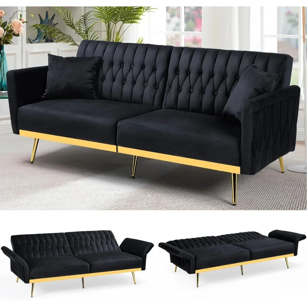 Velvet Futon Sofa Bed with 2 Pillows and Adjustable Armrests, Convertible Sleeper Bed, Living Room Sofa