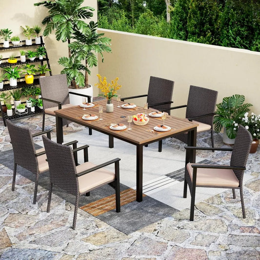 7Pieces Patio Dining Set,65” Wood-Like Metal Steel Dining Table & Rattan Wicker Chairs with Cushions,Large Dining Furniture Sets