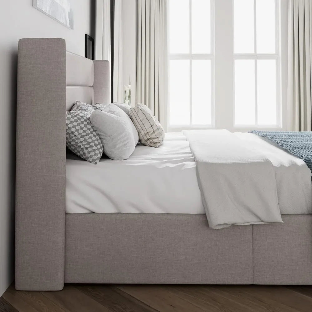 King Size Lift Up Storage Bed/Modern Wingback Headboard/Upholstered Platform Bed Frame/Hydraulic Storage/No Box Spring Needed