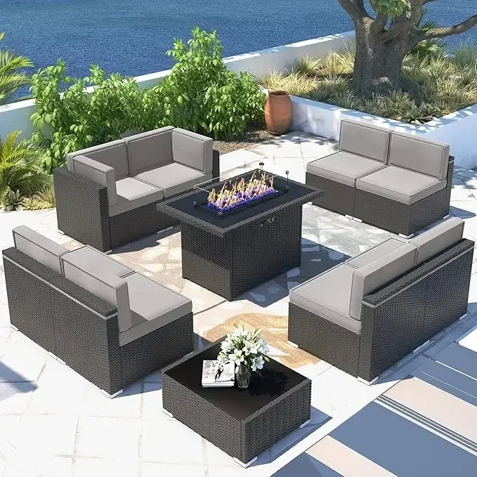 15 Piece Patio Furniture Set ,with Fire Pit Table, Outdoor Conversation Set Wicker Rattan Sectional  with Coffee Table