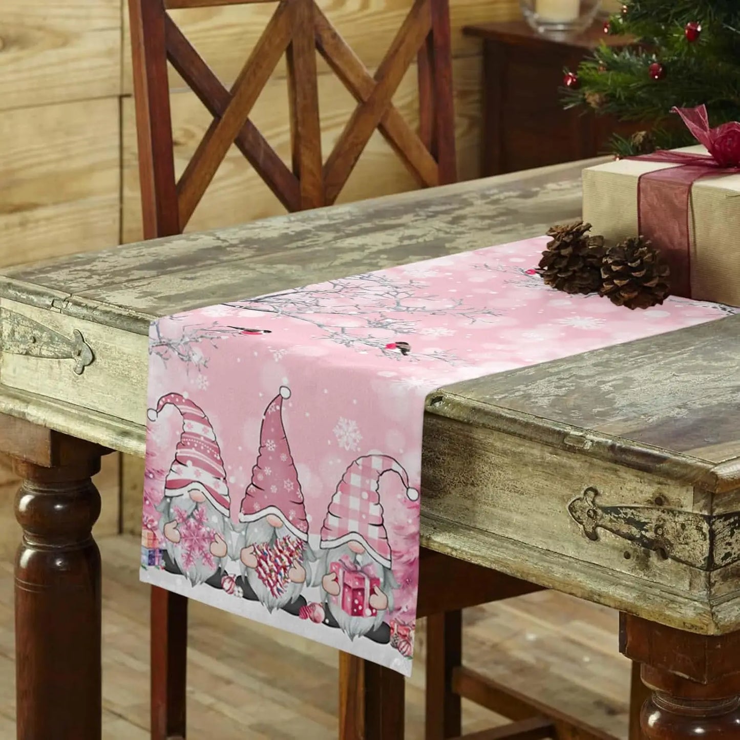 Pink Gnomes Xmas Tree Snowflake Christmas Linen Table Runners Dresser Scarf Winter Xmas Kitchen Party Decor Navidad Decorations