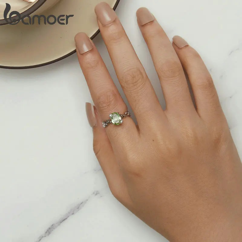 Bamoer Vine Ring for Women Solid 925 Sterling Silver Green Round Gemstone Ring for Wedding Engagement Jewelry BSR466