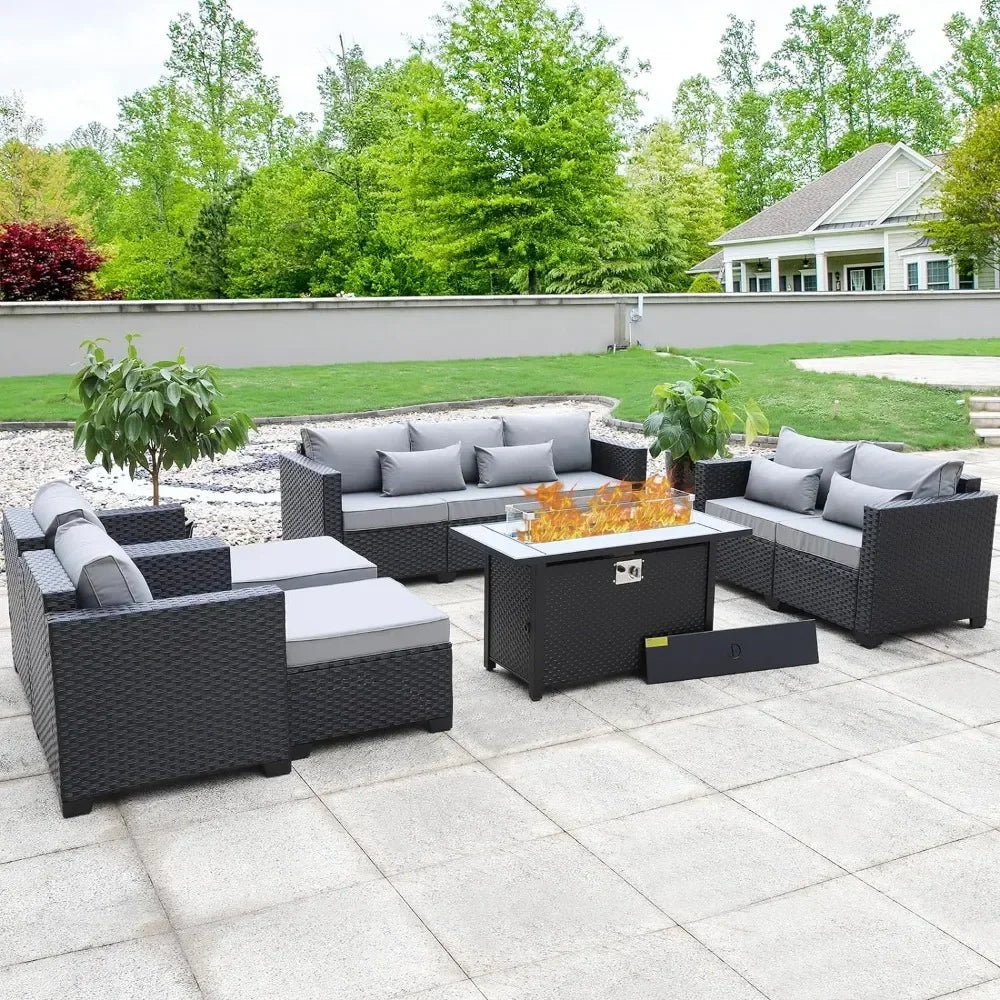 7 Piece Outdoor Furniture Set, Set Non-Slip Cushions & Waterproof Cover, 45 Inch Outdoor Propane Fire Pit Table Patio Sets