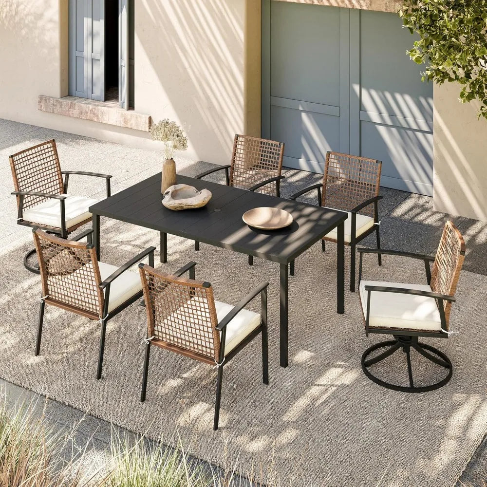 7 Pieces Patio Dining Set, with Soft Cushion and Iron Slats Table Top with Umbrella Hole, Outdoor Furniture Sets