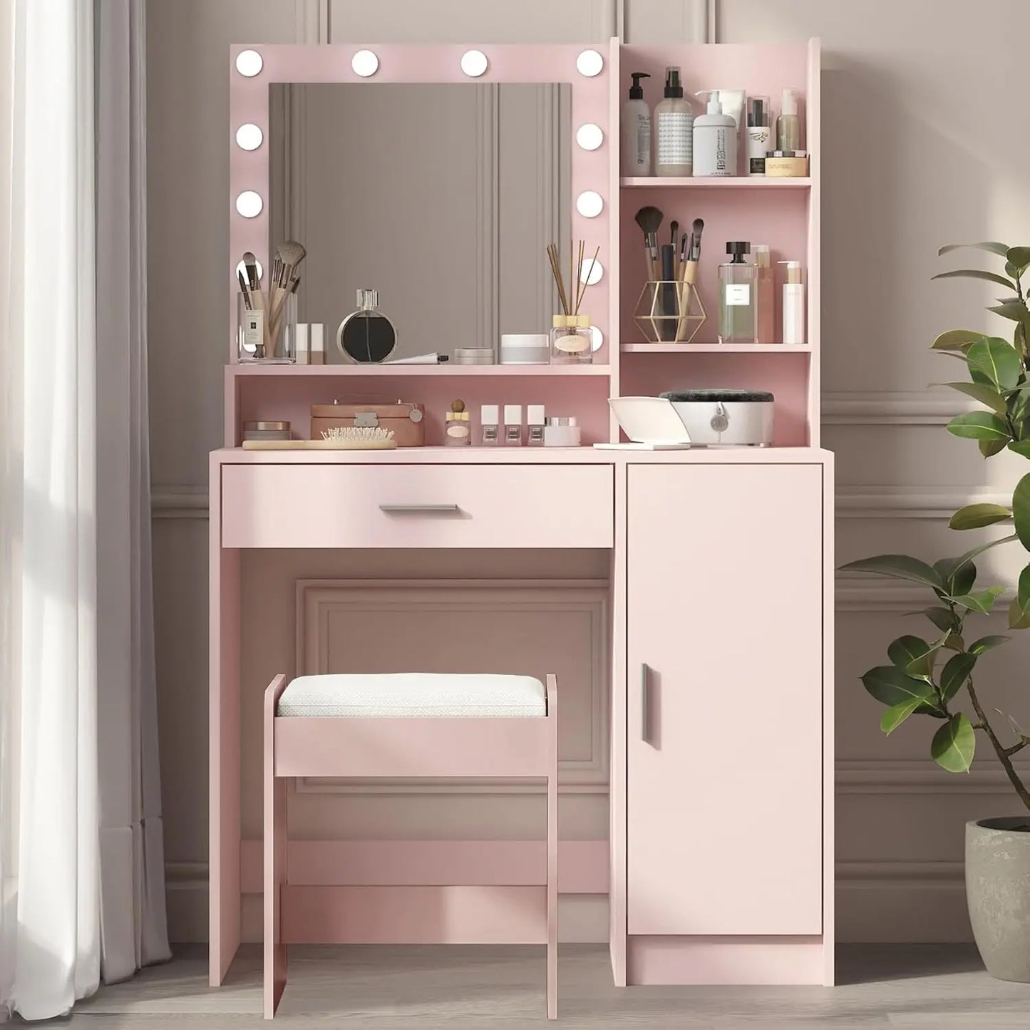 Vanity Desk with Mirror & Light, Drawer Three Level Storage , 3 Lighting Modes Adjustable Brightness, Bedroom Dressing Table