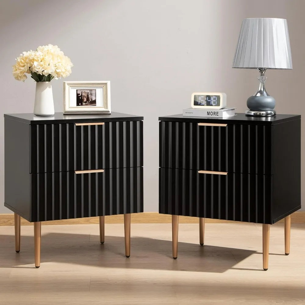 Wide Fluted Nightstand With 2 Drawers Nightstands Bedroom Bedside Tables End Side Table With Golden Metal Legs and Handles Night