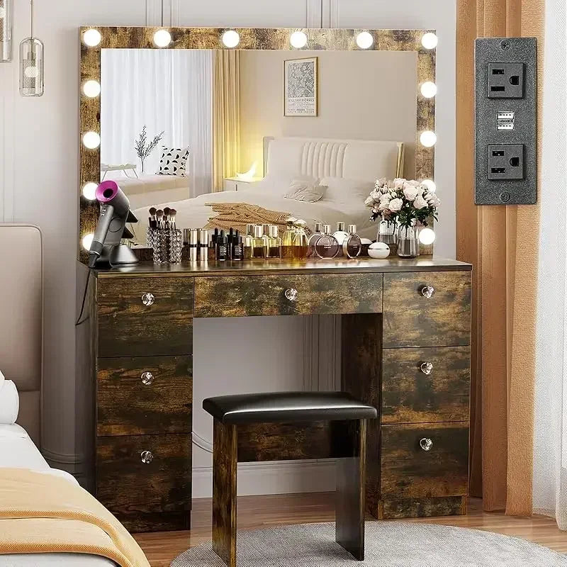 Vanity with Lighted Mirror - Makeup Vanity Desk with Power Outlet and 7 Drawers, 3 Color Lighting Modes Adjustable Brightness