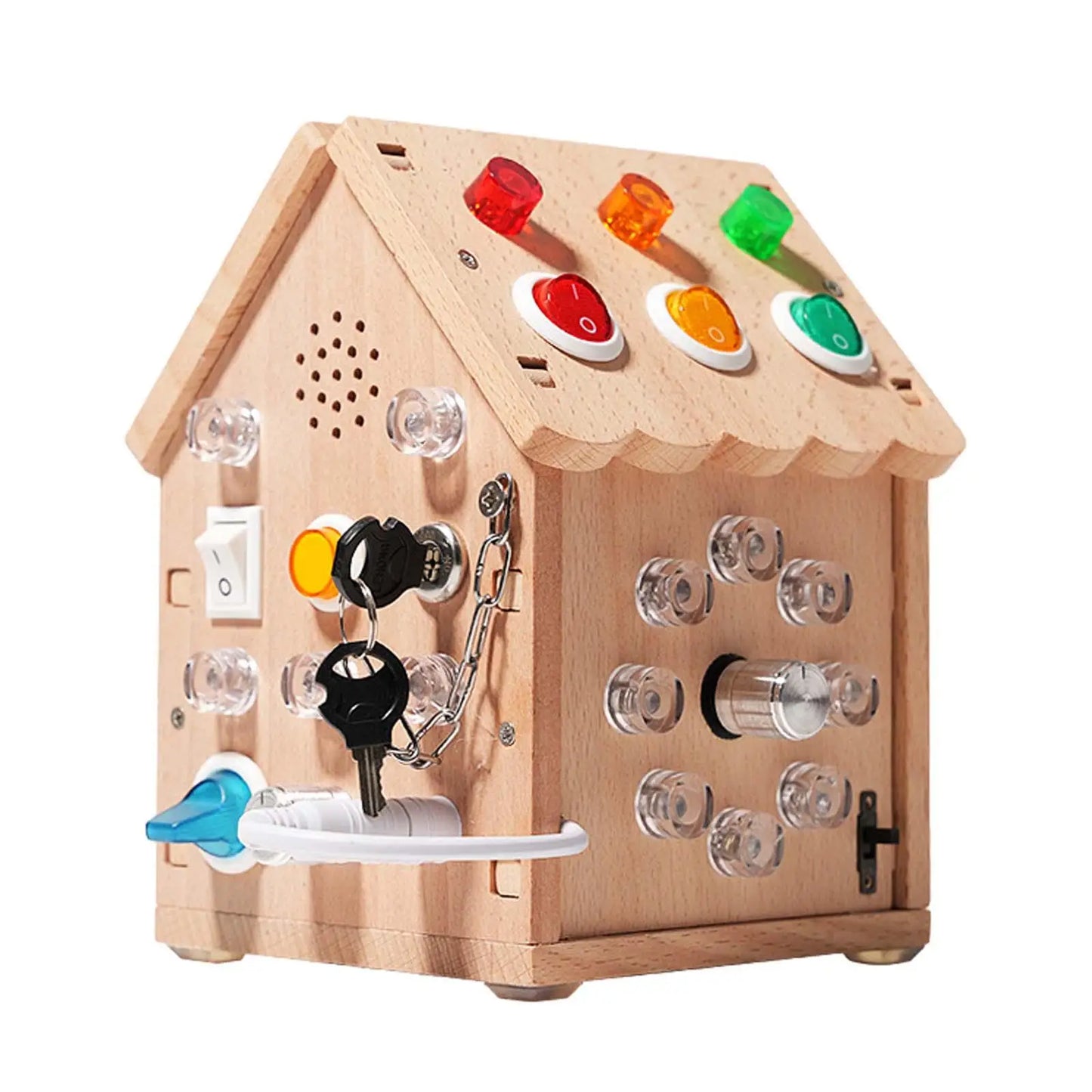 Wooden House Lights Switch Busy Board Toys with Buttons, Fine Motor Skill,