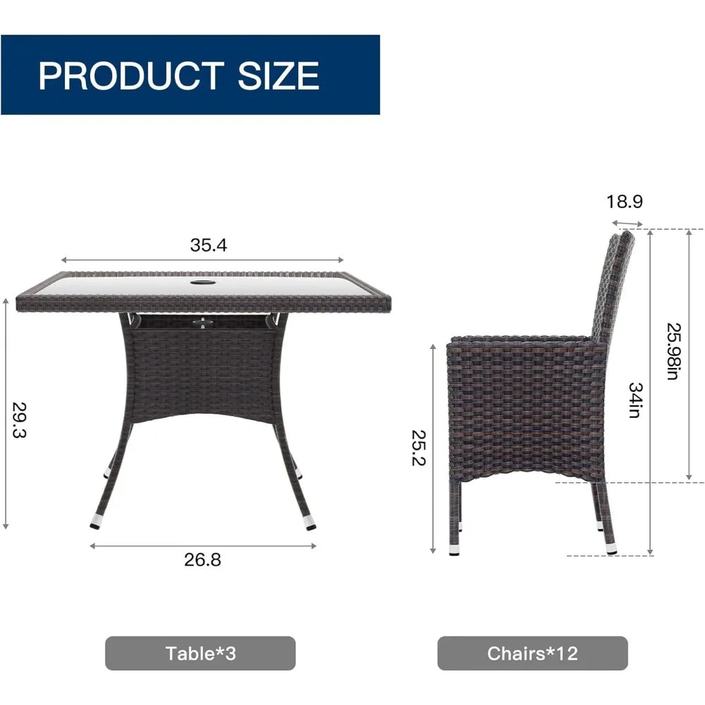 15-Piece Outdoor Dining Set,Square Glass Tabletop with Umbrella Hole for Patio,Backyard,Garden,Patio Rattan Furniture Set