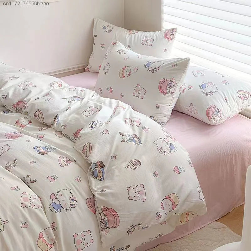 Sanrio Hello Kitty Cartoon Four Piece Sets Household Bedroom Sweet Cute Student Dormitory Bed Quilt Cover Sheet With Pillowcases