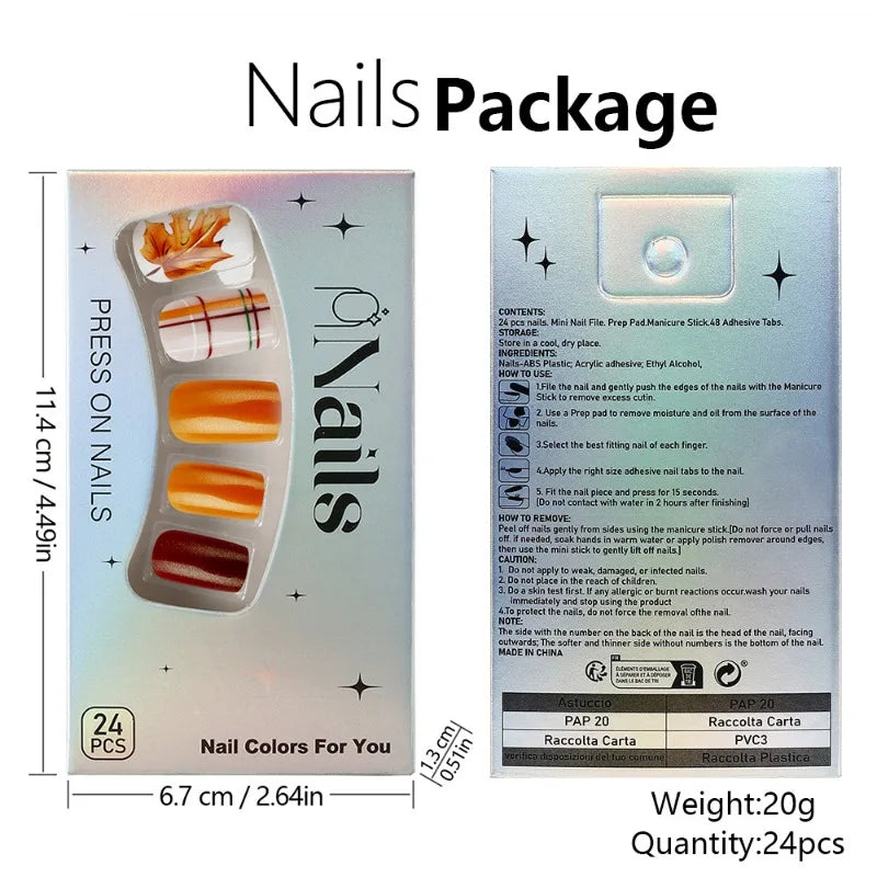 24 Pcs Short Square Glossy Acrylic Nails Press on Fall Winter Maple Thanksgiving Reusable Short Medium Cheap Fake Nails for Girl