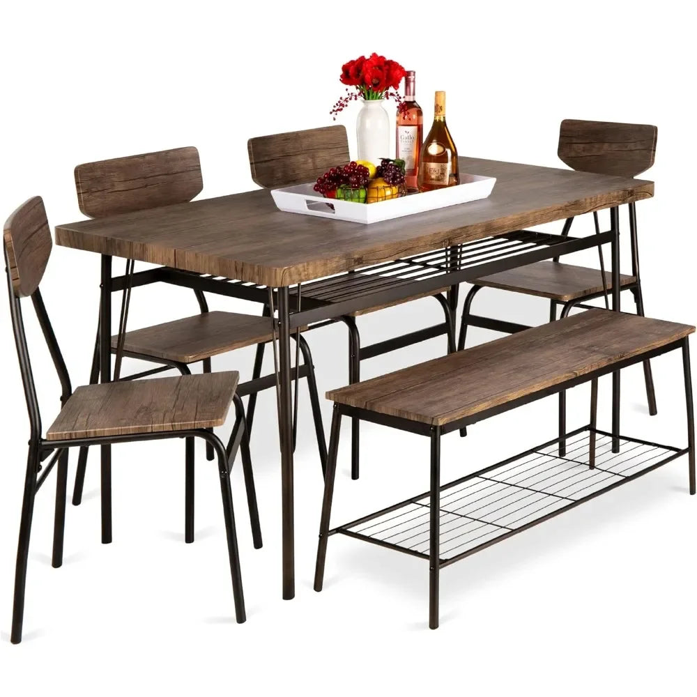 6-Piece 55in Modern Dining Set f w/Storage Racks, Rectangular Table, Bench, 4 Chairs Home, Kitchen, Dining Room