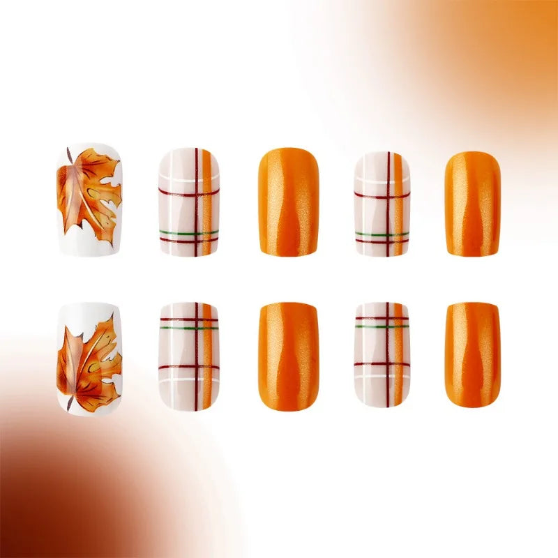 24 Pcs Short Square Glossy Acrylic Nails Press on Fall Winter Maple Thanksgiving Reusable Short Medium Cheap Fake Nails for Girl