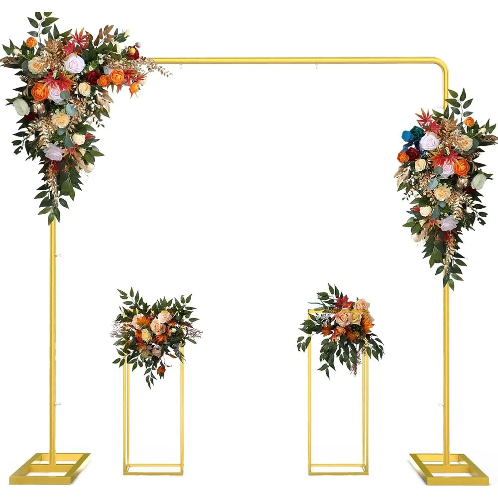 Wedding Arch Backdrop Stand, 7.2FT x 7.2FT Wedding Arches for Ceremony, Gold Balloon Arch Stand with Flower Stand for Wedding