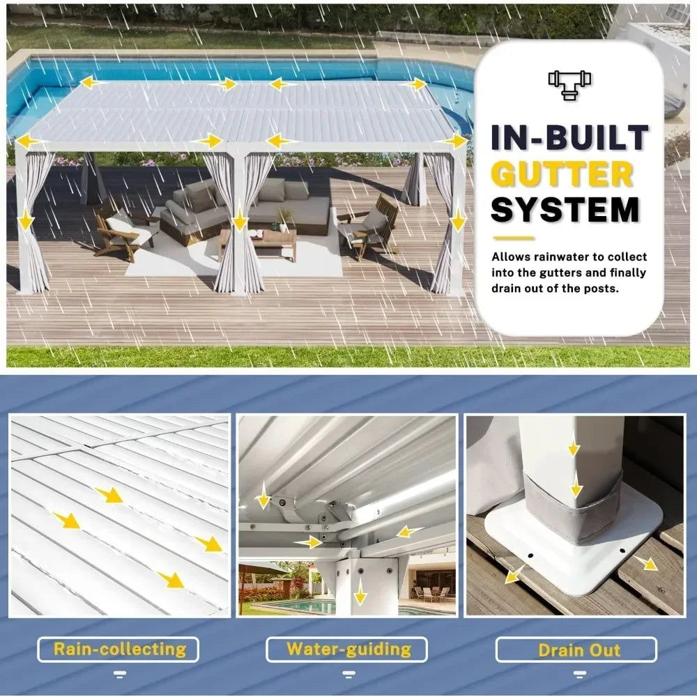 Awning,Louvered Pergola10x20,Aluminum Pergola with Adjustable Louvered Roof,Outdoor Awning with Waterproof Curtains and Nets